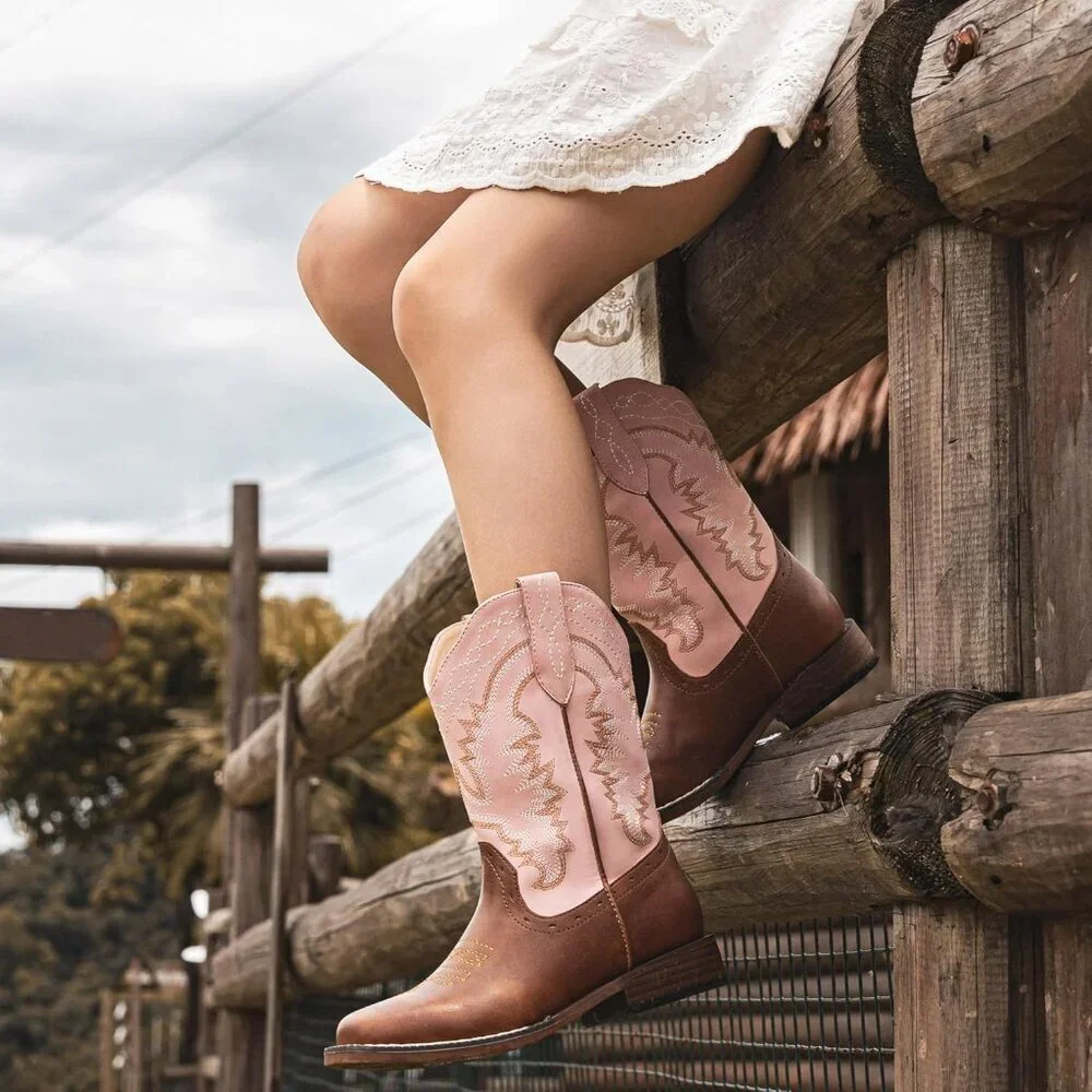 ⚡Kid Pink/Brown Synthetic Cowboy Western Riding Shoes Square Toe Wide Calf Boot